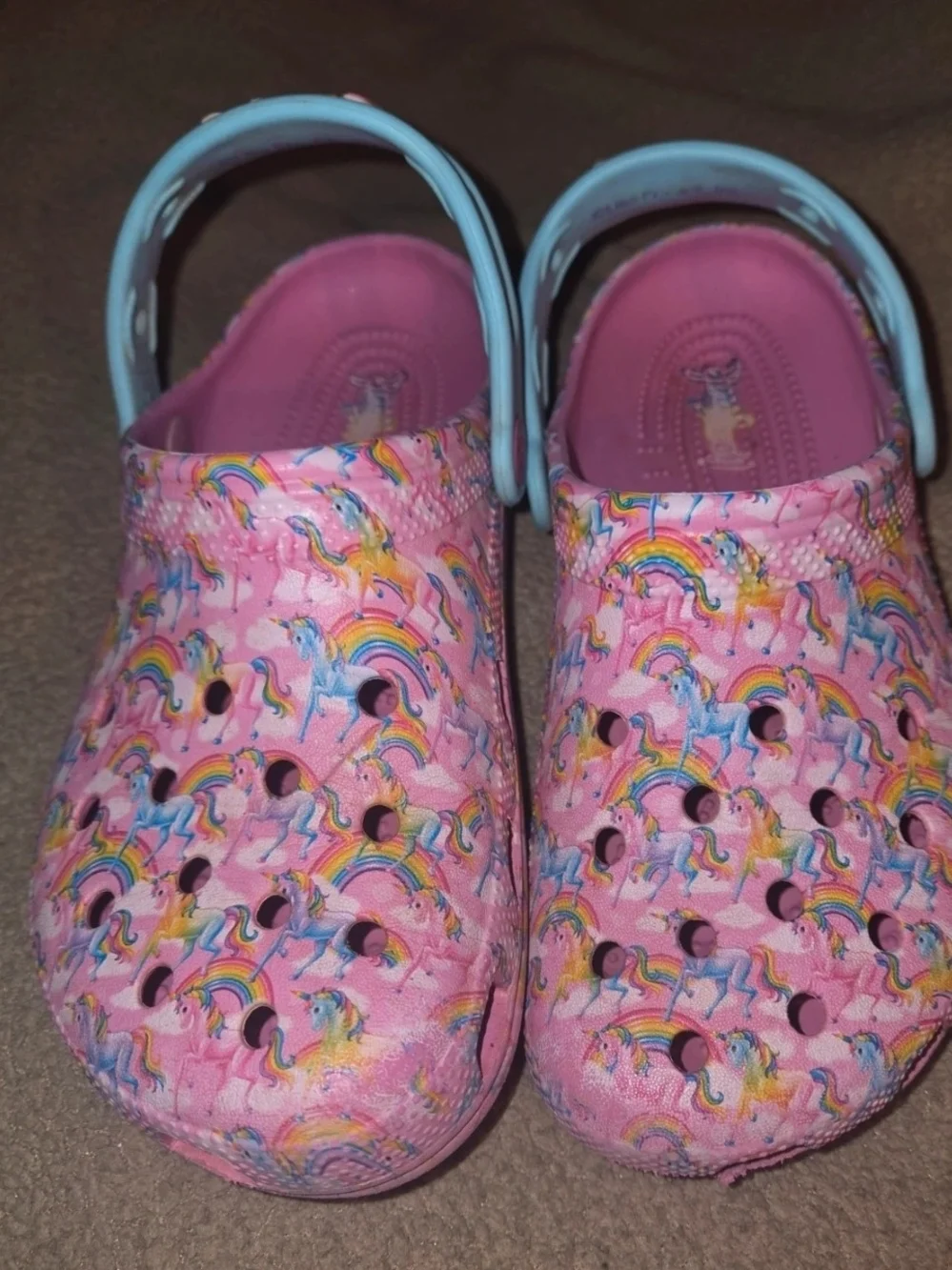 Kids Pink Unicorn & Rainbow Clogs with Blue Heel Strap Crocs Lisa Frank